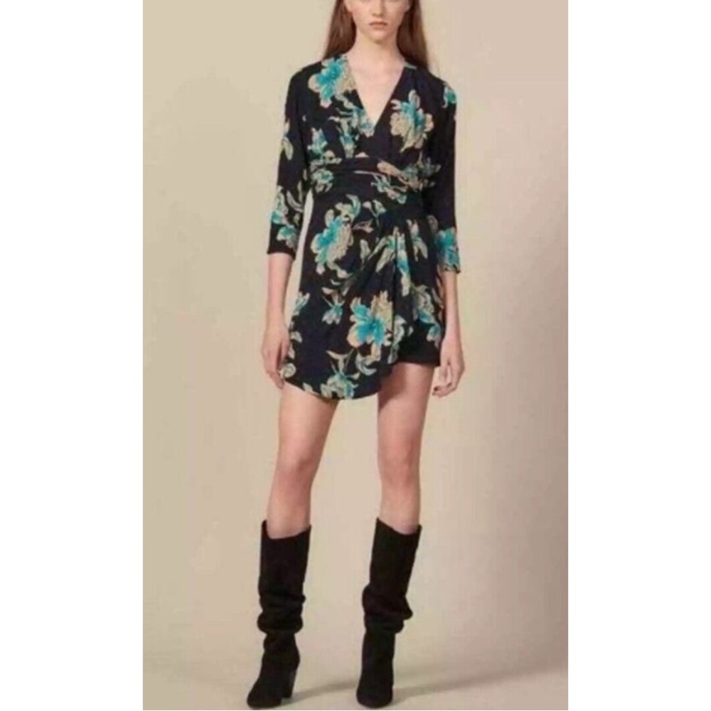 SANDRO | NWOT $370 Bruni Mini Dress in Black/Teal Jacquard, Size 34 (US 2/XS)